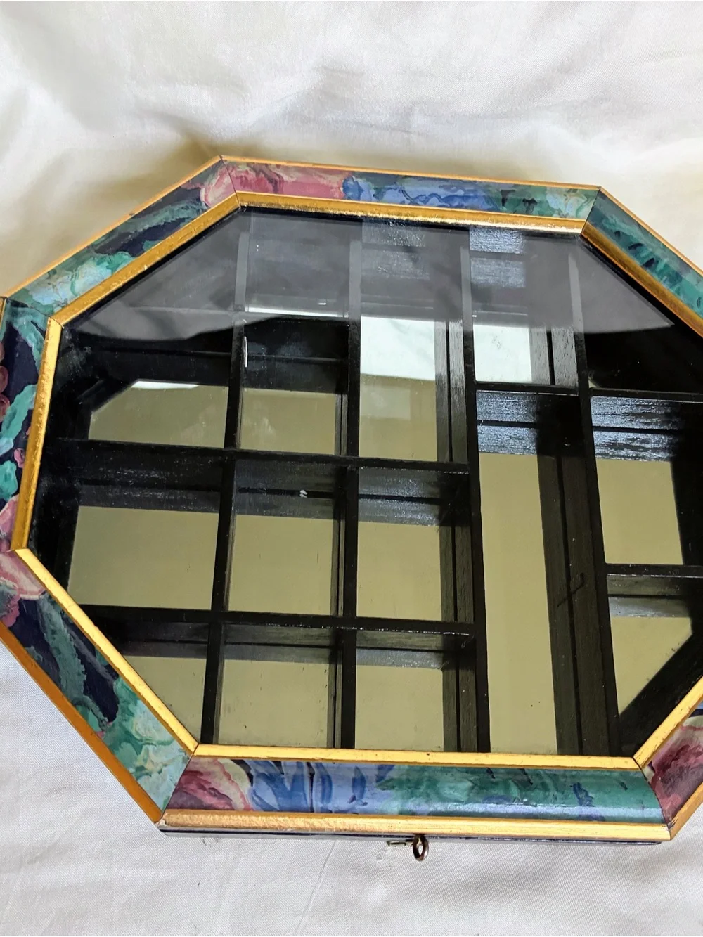 Octagon Display Case With mirror with colorful floral patterned frame
